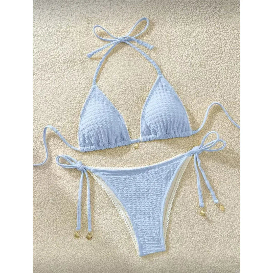 High Cut Leg Two-Pieces Bikini Set Bather Bathing Suit Swim Wrinkled Crinkled Halter Bikini Women Swimwear Female Swimsuit M125