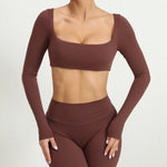 Women Crop Tops Yoga T-shirts Solid Sports Top Long Sleeve Running Shirts Quick Dry Fitness Gym Sport Gymwear