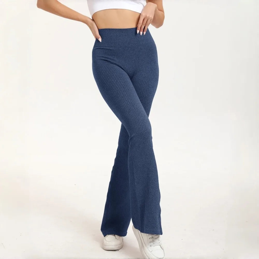 STOUREG Flared Yoga Pants for Women, High Waisted Ribbed Bootcut Leggings, Solid Color Seamless Fitness Trousers