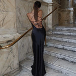 FDYOUI Women's Bandage Long Maxi Satin Dress Black 2026 Sexy Spaghetti Strap Slash Neck Backless Lace-up Party Evening Dresses