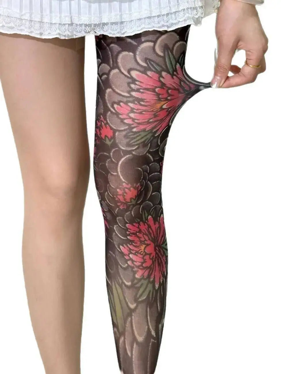 Peony Flower Leg Tattoo Stockings Summer Thin Pantyhose Long Socks With Patterns On One Side And Solid Color On The Other NTNG