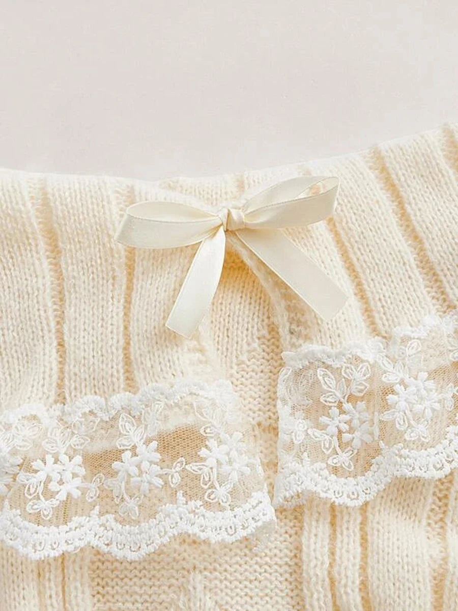 Women Long Sleeve Contrast Lace Knit Pullovers Autumn Winter Cold Shoulder Sweaters Bow Front Jumper Tops Beige/Pink