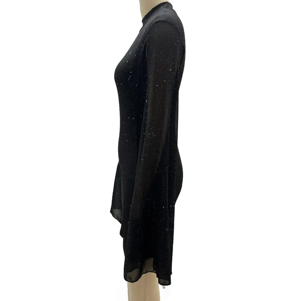Women's Cape Sleeve Dress Mock Neck Bodycon Mini Dress Sexy Shiny Chiffon Cloak Sleeve Cocktail Dress for Wedding Evening Party