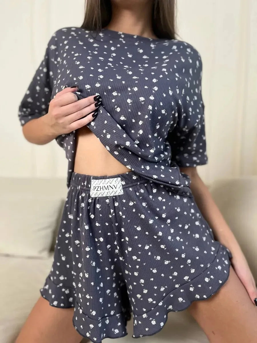 New Women's Pajamas Fashion Shorts Short Sleeve Threaded Printed Pajamas Sweet Comfortable Breathable Loose Home Clothes Set