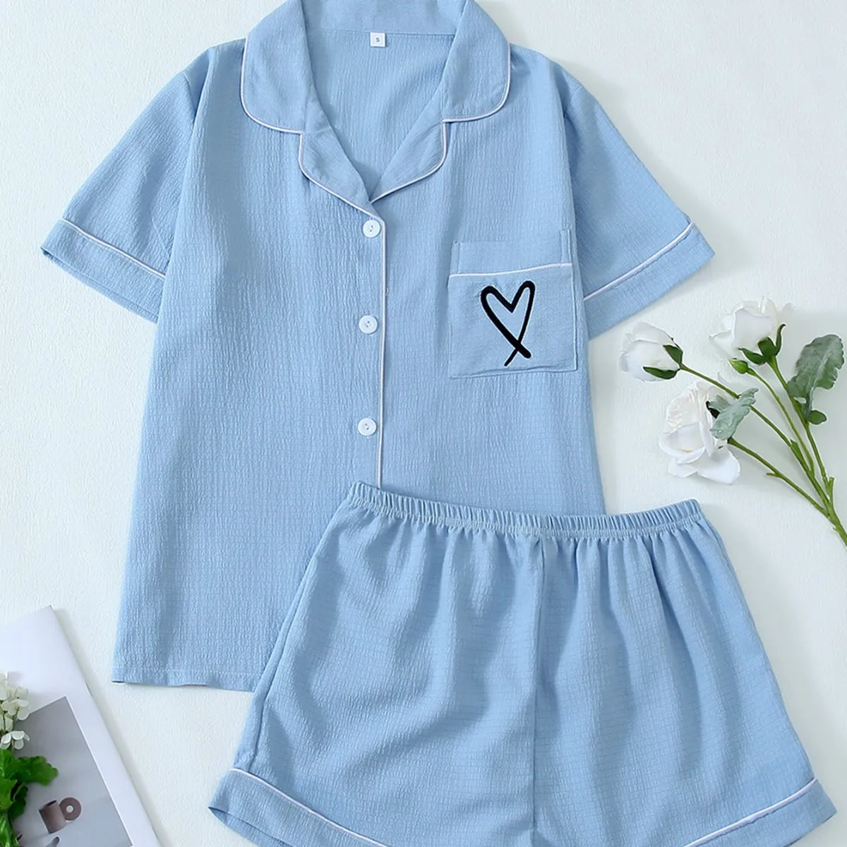 Women's Pajama Pocket Love Printed Pajamas Short Sleeve Top with Shorts Pajama Set Loungewear Pijama Pajamas for Women