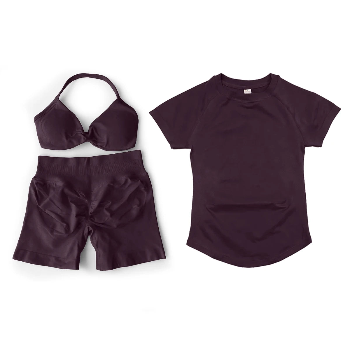 3 Pcs Gym Set Woman Short Sleeve Sport T-Shirt & Seamless Scrunch Gym Shorts & Strappy Bra Fitness Workout Suits Gym Clothing