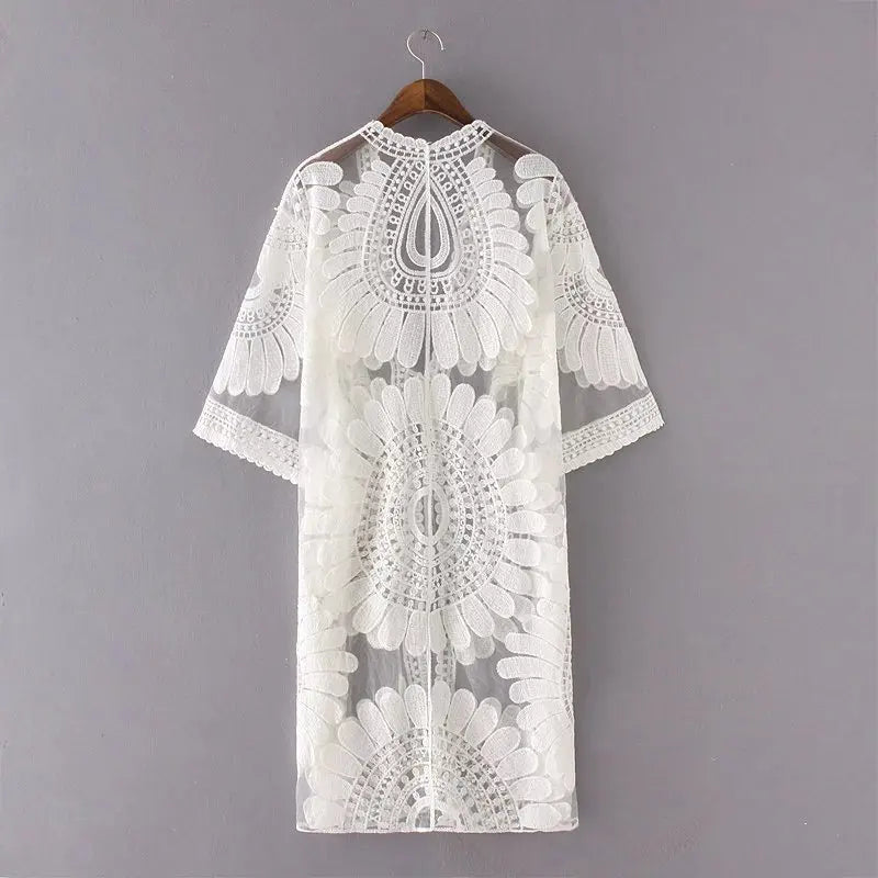 DEKA New Beach Cover-up Swimsuit Lace Hollow Crochet Beach Bikini Cover Up 3/4 Sleeve Women Top Swimwear Beach Dress Tunic Shirt
