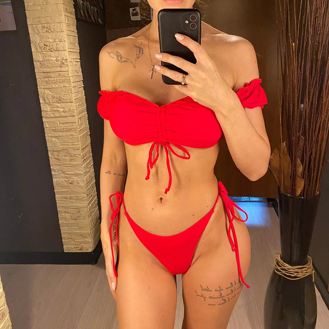 Off Shoulder High Cut Scrunch Butt Bikini Women Swimwear Female Swimsuit Two-Pieces Bikini Set Bather Bathing Suit Swim V6126