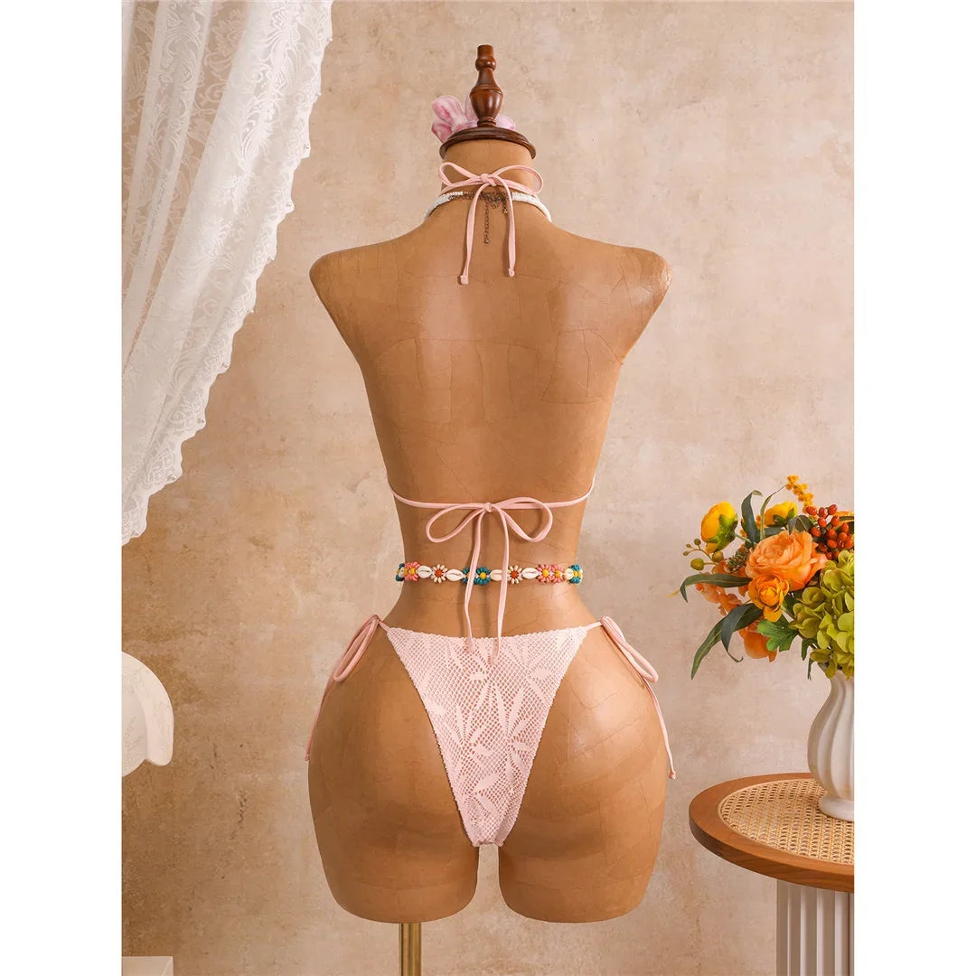 New Leaves Printed Halter Bikini Suit Female Swimsuit Women Swimwear Bather Bathing Suit Swim Three-Pieces Bikini Set