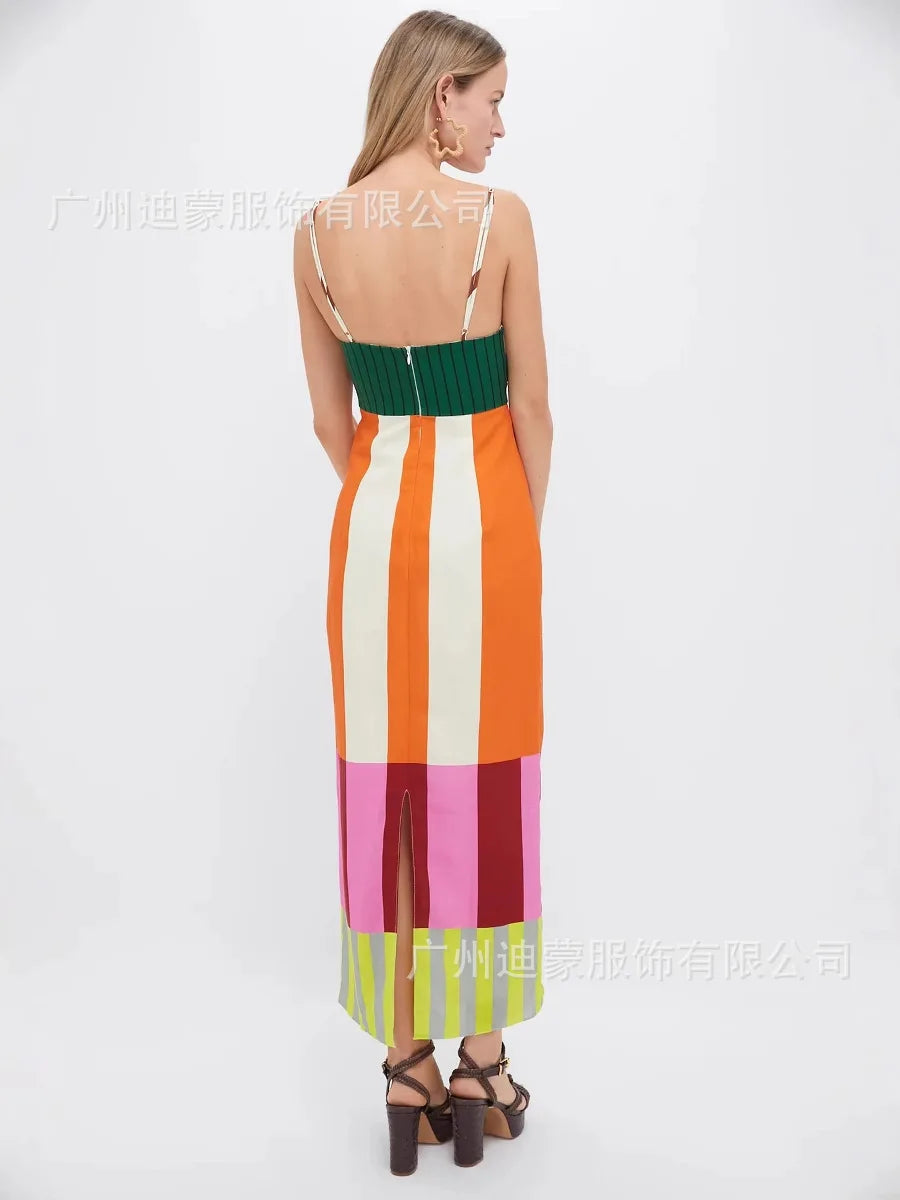 Elegant High Waist 2025 Party Long Dress Fashion Casual New Striped Colorful Women Sexy Spaghetti Strap Bohemian Mixi Dresses