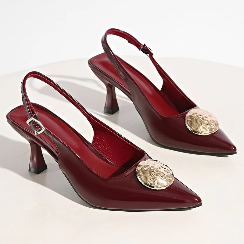 Wine Red Pointed Toe Stiletto Mules for Women Fashion Metal Decor High Heeled Sandals Woman Plus Size 42 Slip On Slingbacks