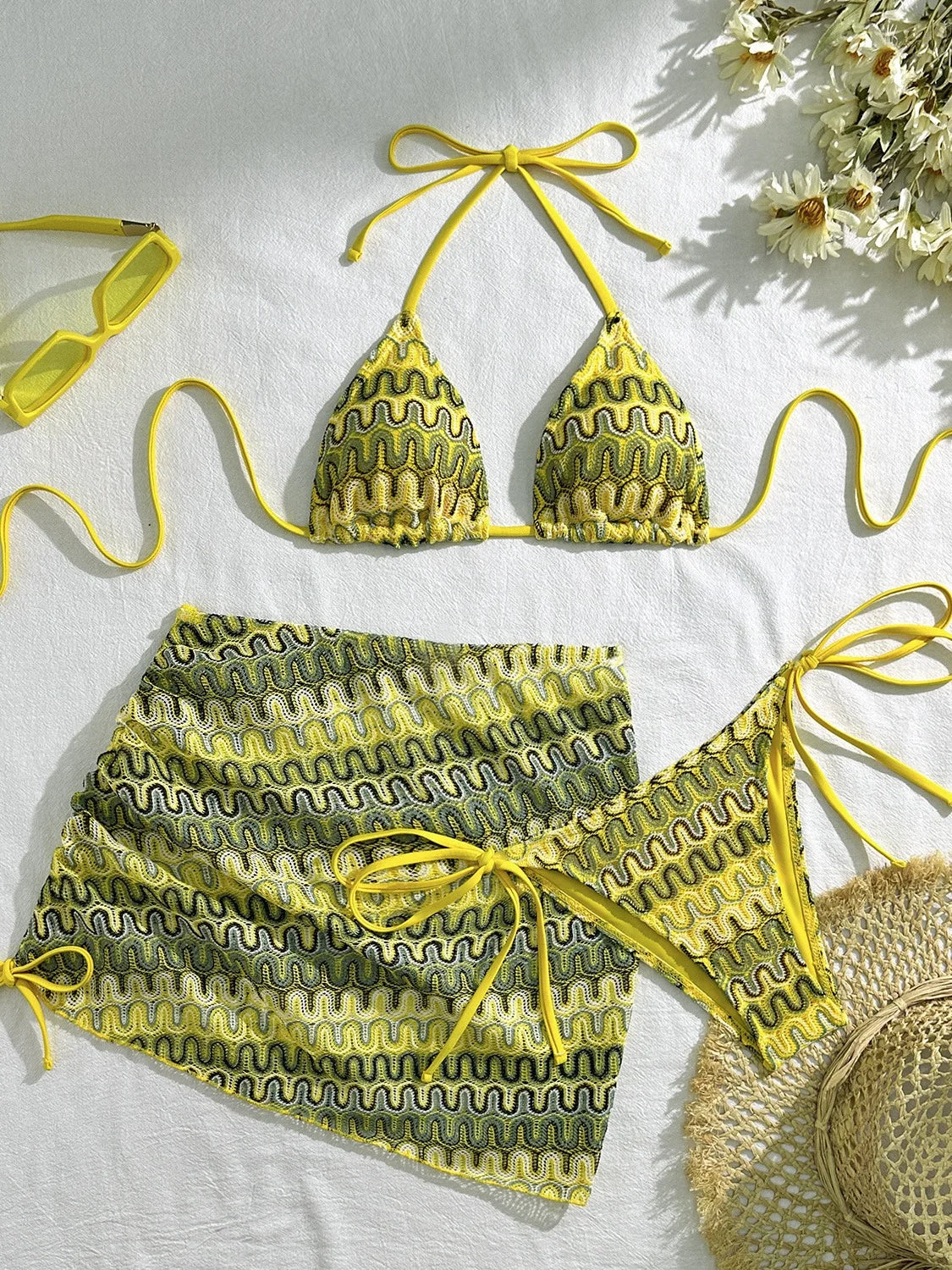 Sexy Drawstring Side Skirt 3 Piece Bikini Set Women Orange Striped Embroidered Print Swimwear High Waist Bathing Suit Swimsuit