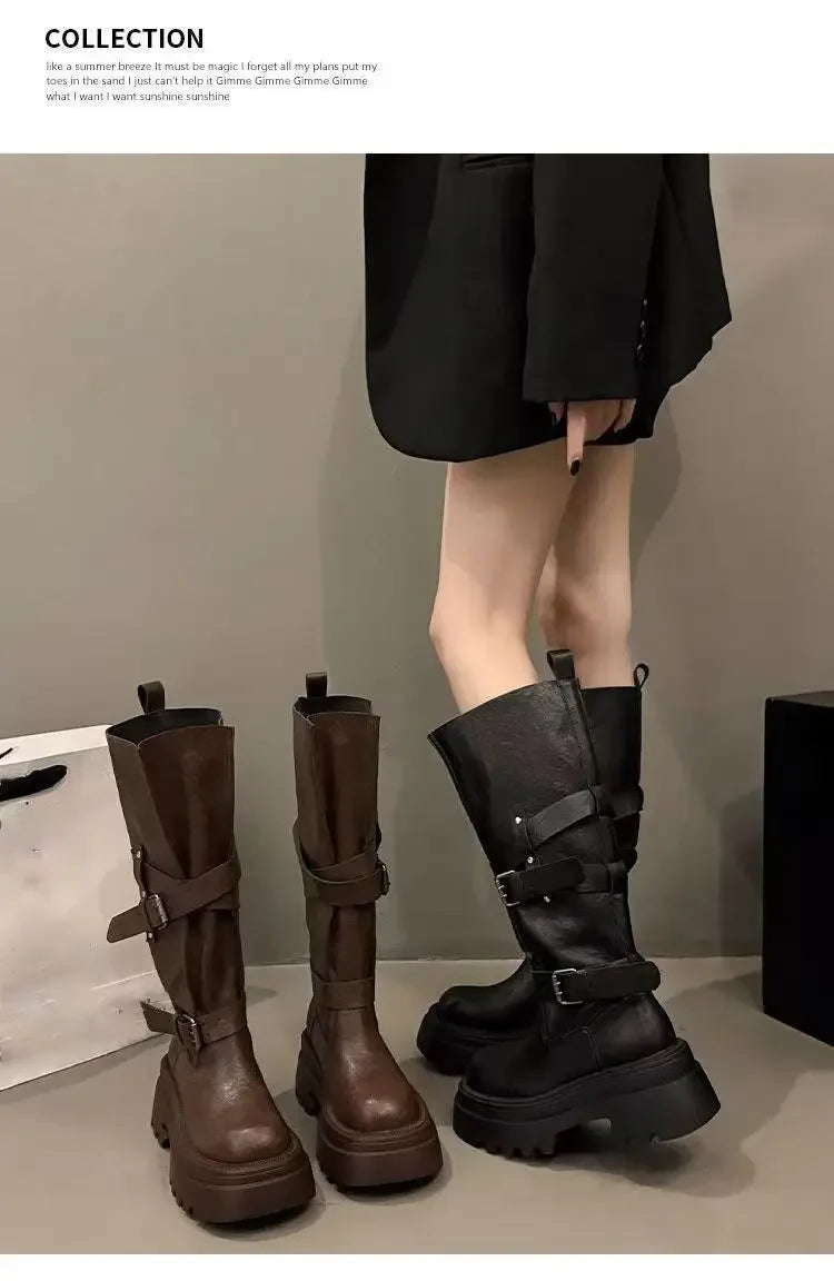 2026 New Vintage Thick Bottom Woman Knee High Boots Fashion Belt Buckle Zippers Shoes Female Knight Long Booties Shoes