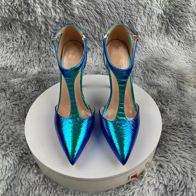Green Snake Print High Heels Hollow Design 12cm Stiletto Women's Fashion Shoes