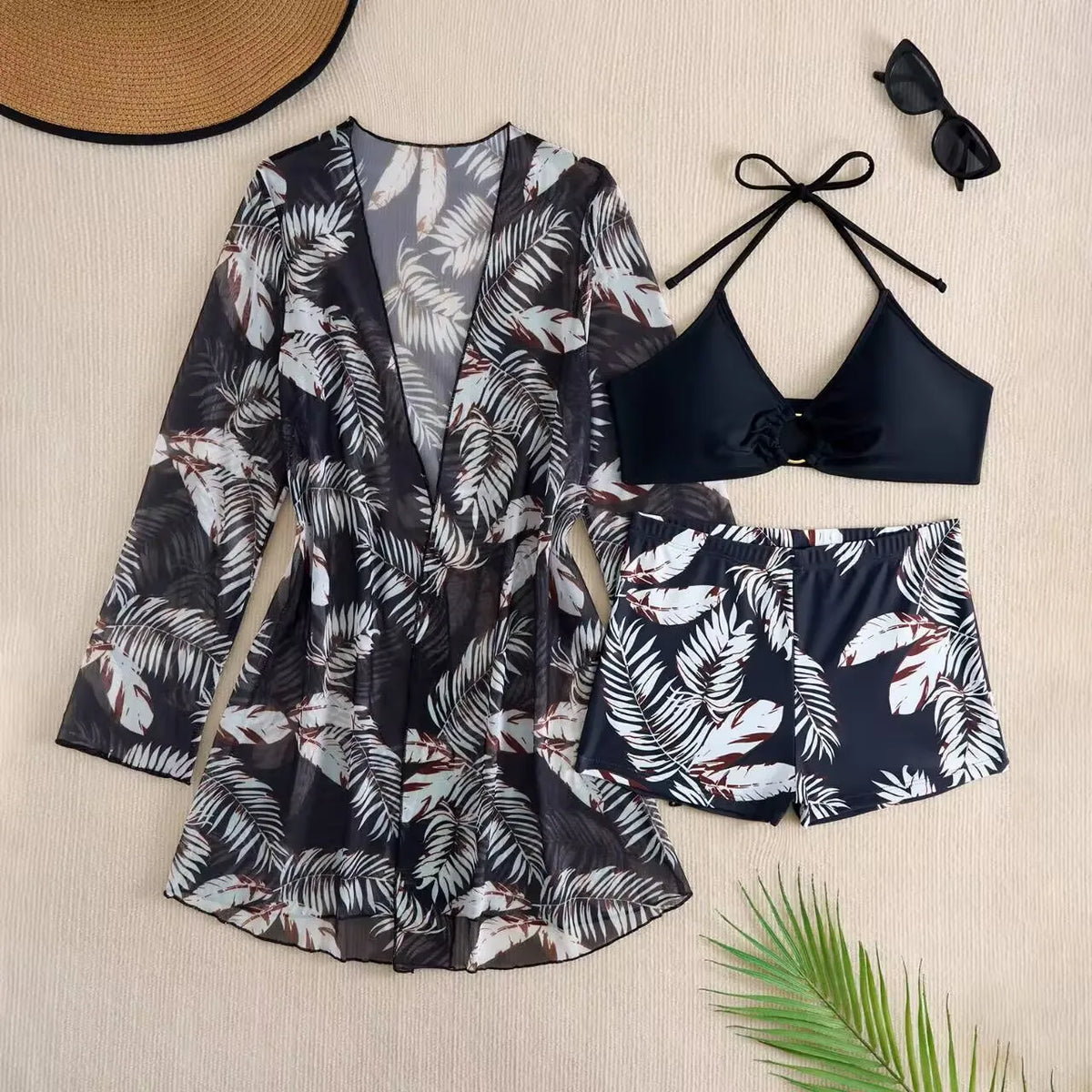 New Print 3 Pieces Padded High Waist Bikini Set Swimsuit Women Swimwear with Kimono Beach Wear Ladies Bathing Suit with Shorts