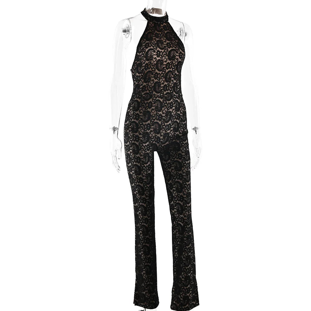 FDYOUI Women's Halter Neck Backless Evening Party Jumpsuits Lady Elegant Sleeveless Lace Overalls One Piece Bodysuit Streetwear