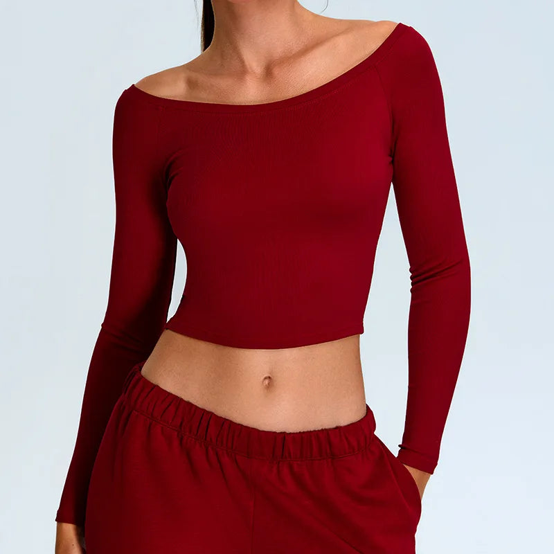 Women Yoga T-shirts Solid Sports Top Off Shoulder Long Sleeve Gym Workout Running Shirts Sexy Quick Dry Fitness Gym Sport Wear
