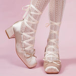 Brand Design Big Size 43 Sweet Pink Mary Jane Pumps Cross-tied Satin 9cm High Heels Ballet Shoes White Party Wedding Shoes Women