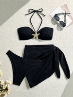 3PCS With Sarong Metal Star Halter Bikini Female Swimsuit Women Swimwear Three-Pieces Bikini Set Bather Bathing Suit Swim V7042