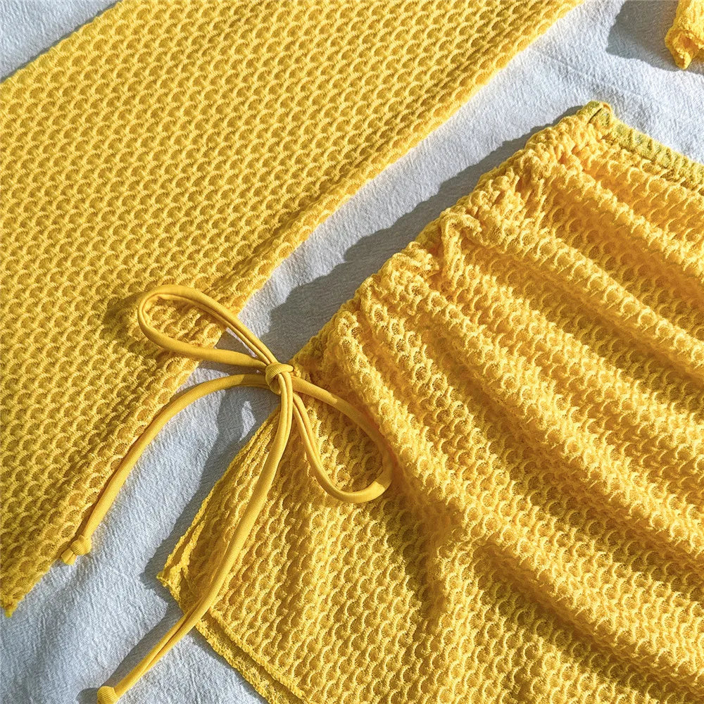 Beige Mesh Halter String Triangle Micro Thong Bikinis Sets 4 Pieces Long Sleeve Cover Ups Sexy Swimsuit Women Holiday Swimwear