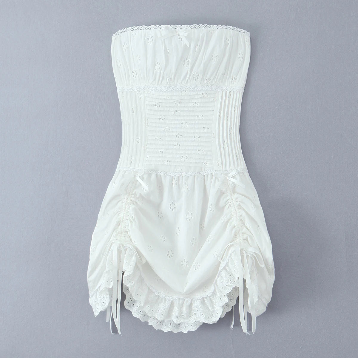 Foridol White Cotton Summer Women's Dress 2025 Off Shoulder Strapless Mini Beach Dress Casual Flower Embroidery Drawstring Dress