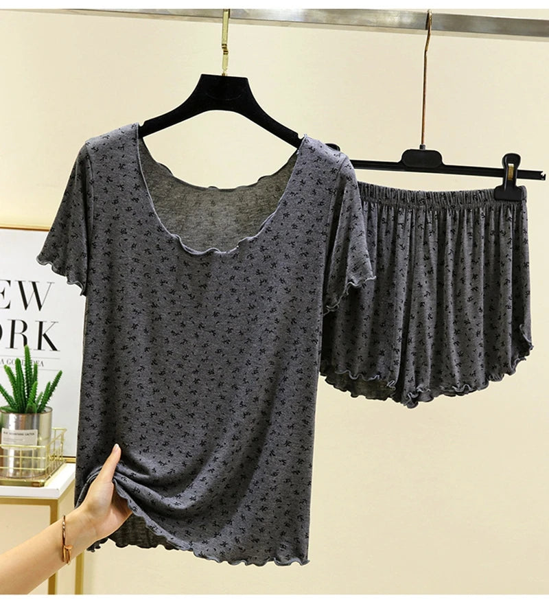 Chic Modal Floral Print 2Pcs Set Soft And Breathable Short-Sleeve Top And Shorts Loose Relaxed Fit Women's Sleepwear Homewear