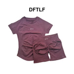 DFTLFWomen 2PCS Seamless Yoga Suit Short Sleeve Top High Waist Shorts Quick Dry Breathable Gym Fitness Running Workout Sport