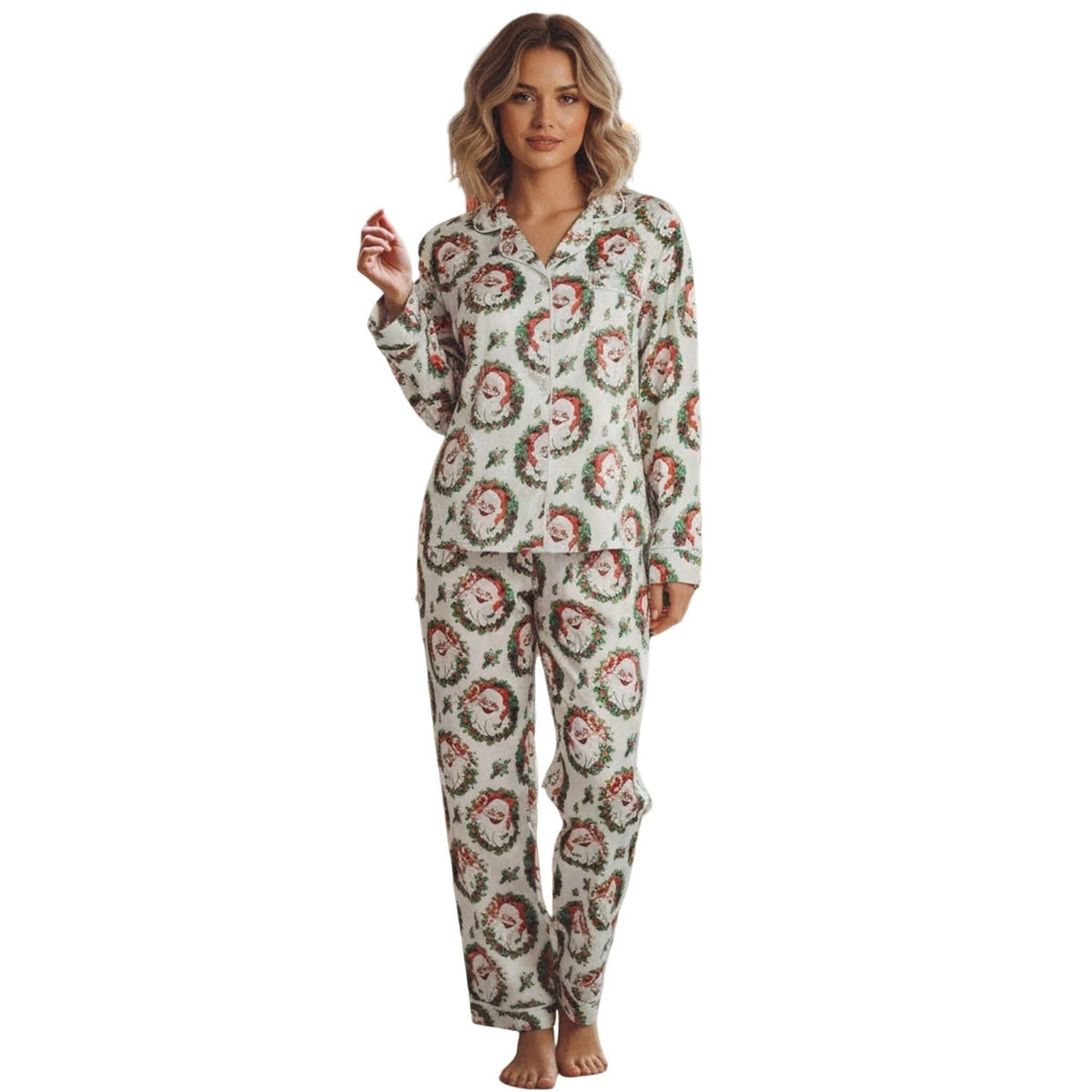 Christmas Pajamas Sets for Women Print Button Up Long Sleeve Lapel V Neck Tops and Pants Lounge Wear Satin 2 Pieces Suits