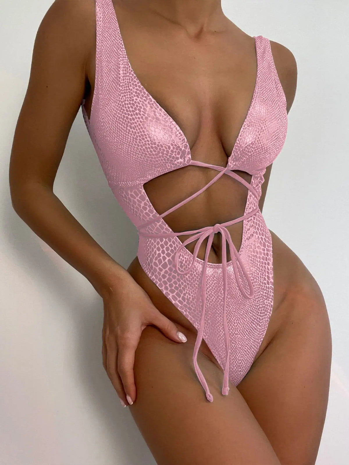DEKA Women's Mesh Patchwork One Pieces Swimwear Sexy New Hollow Out High Cut Bandage Swimsuit Monokini Push Up Bikini