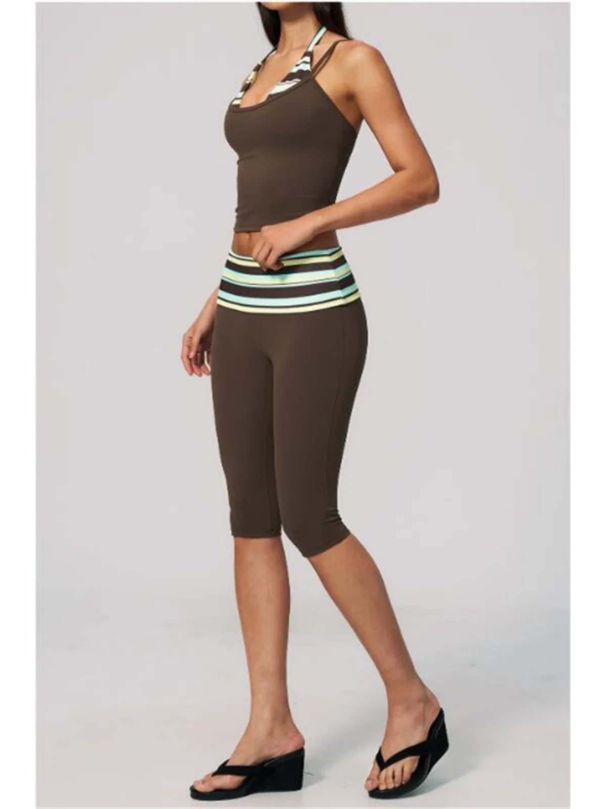 New Fake Two-piece Yoga Sets Women Striped Shock-absorbing Slim Sports Tank Top Fitness Suit Gym High Waist Mid Pants Tracksuit