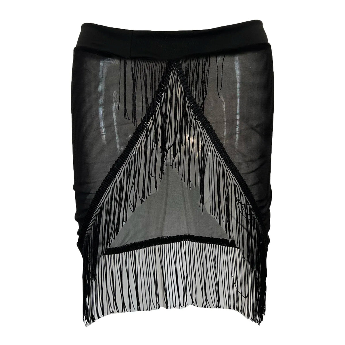 Women's Black Mesh Fringe Sarong Skirts Asymmetric Triangle Cut Swimwear Cover Up Sheer Ruched Tassel Hem Wrap Flowy Beach Skirt