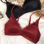 French Sexy Seamless Lingerie Women Silk Satin Lace Bra Deep V Triangular Cup Push Up Bras Adjustable Strap Comfort Underwear