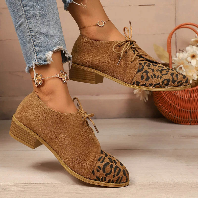 Large Size Leopard Print Single Shoes Women 2026 New Pointed Toe Lace Up Low Heel Shoes Woman Retro Faux Suede Pumps Ladies