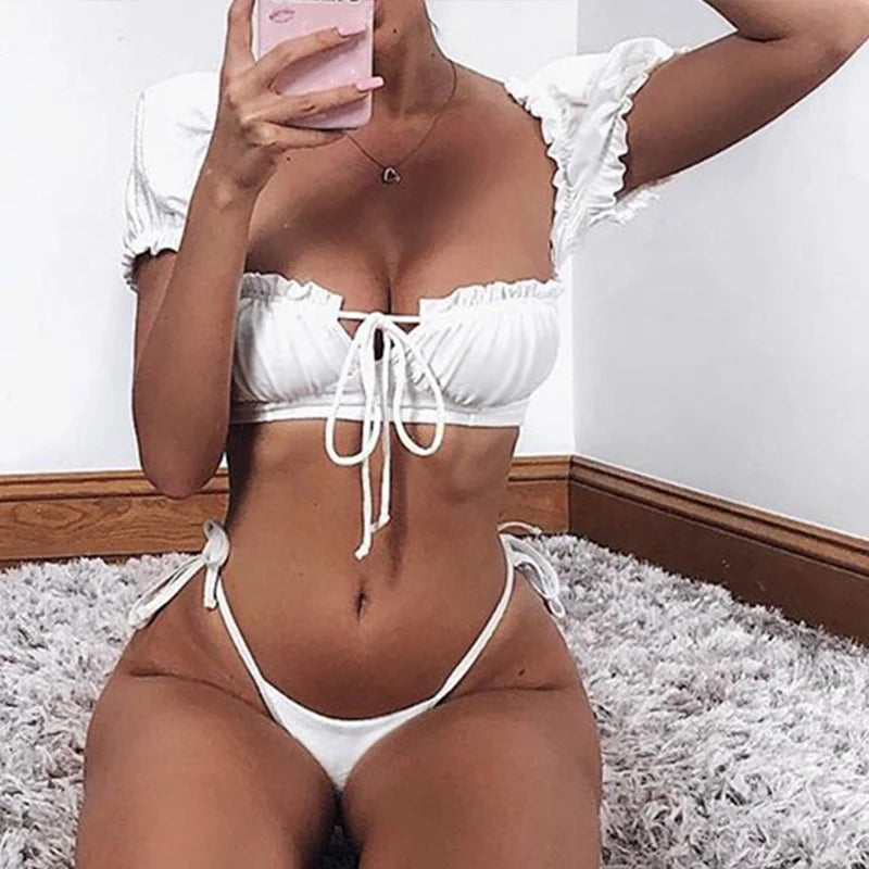 DEKA Brazilian Puff Sleeve Bikini Set Women Thong Swimsuit Printed High Waist Swimwear Bathing Suit Beachwear Push Up Bikini