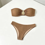 2026 Sexy Bikini Women Coffee Metal Water Droplet Ornament Push Up Mesh Skirt 3 Piece Swimsuit Beach Bathing Suit Swimwear