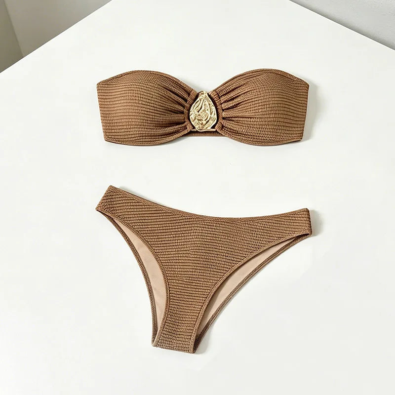 2026 Sexy Bikini Women Coffee Metal Water Droplet Ornament Push Up Mesh Skirt 3 Piece Swimsuit Beach Bathing Suit Swimwear