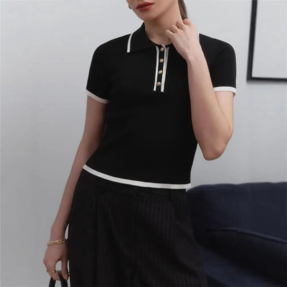 Women Short Tops Short-Sleeve Patchwork Color Lapel Tops with Buttoned Neckline Regular Fit Knitting Tops