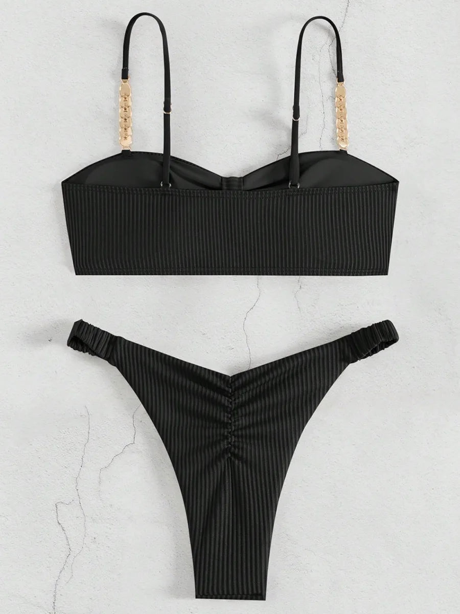 Front Knotted Metal Strap Ribbed Bikini Women Swimwear Female Swimsuit Two Pieces Bikini Set High Cut Bathing Suit Swim Beach