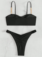 Front Knotted Metal Strap Ribbed Bikini Women Swimwear Female Swimsuit Two Pieces Bikini Set High Cut Bathing Suit Swim Beach