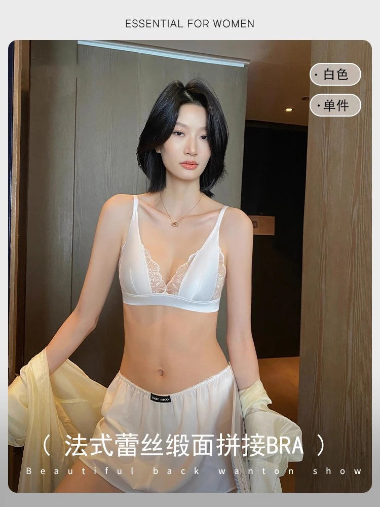 Sexy Summer Bra Sin Aros, French Lingerie Encaje Triangulo Pecho Pequeño, Bralette Suave Puro Deseo Saten MOYISU 32-38-S-XL AB