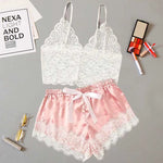 4PCS Women Pajama Suit Fashion V-Neck Stretch Silk Satin Robe Lace Sexy Lingerie Bathrobe Bowknot Pyjamas Shorts Set Sleepwear