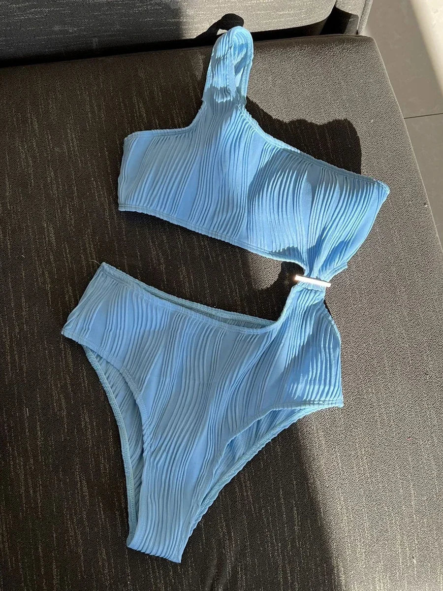 Wrinkled Asymmetric One Shoulder Female Swimwear One Piece Swimsuit Women Monokini Bather High Cut Out Bathing Suit Swim Lady