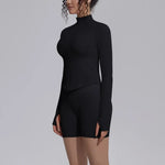 Women's Seamless Yoga Sets Sports Fitness Gym Zipper Long-Sleeve Jacket Hip Lift High-Waist Shorts Suits Workout Training Sets