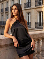 Women's Summer Satin Skirt Outfits Lace Trim Sleeveless Halter Camisole Tops with Mini Skirt 2 Piece Sets Retro Daily Date Wear