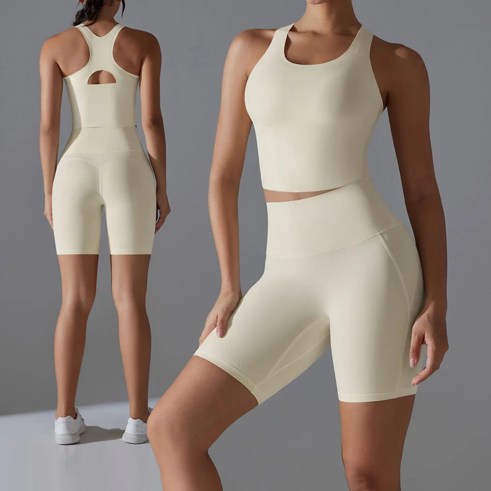 Yoga Set 2PCS Sports Suit seamless sports vest Women Nude tight-fitting Gym running Shorts Fitness Tracksuit Workout Sportswear