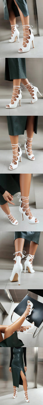 Plus Size 48 Sexy Black Stiletto High Heels Sandals Women Summer Red Cross-tied Jazz Dance Party Shoes Roman Gladiator Sandals
