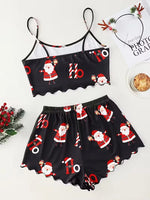 Women Sleepwear Christmas Santa Print Crew Neck Sleeveless with Spaghetti Strap Top and Shorts Pajama Set Loungewear