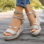 Gold Woven Wedge High Heel Sandals Women 2026 Summer Ankle Buckle Chunky Heeled Sandals Woman Plus Size Platform Sandles Female
