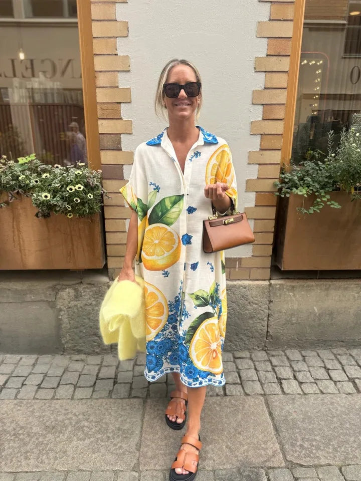 Lemon Print Shirt Dresses Women Fashion Short Sleeves Lapel Loose Single-breasted Shirts Long Dress Casual Lady Vacation Vestido