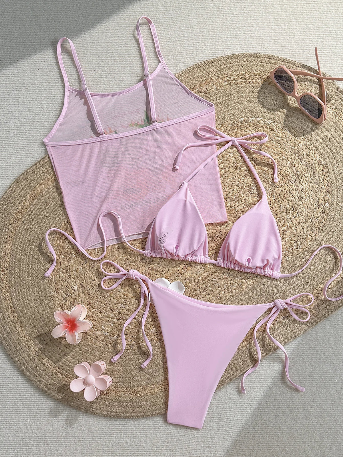 Vintage 3D Flower Thong Bikini Set 2026 Women Summer Fruit Print Cover Up 3 Piece Swimwear Push Up Bra Bathing Suit Swimsuit